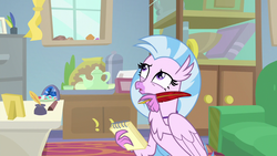 Size: 1280x720 | Tagged: safe, screencap, silverstream, g4, student counsel, book, couch, female, inkwell, notepad, quill, solo, starlight's office