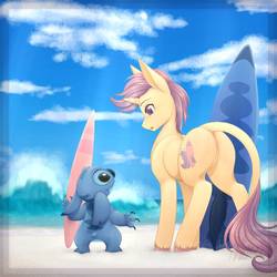 Size: 894x894 | Tagged: safe, artist:mittz-the-trash-lord, oc, oc:riptide, pony, unicorn, beach, crossover, duo, leonine tail, lilo and stitch, looking at each other, male, stallion, stitch, surfboard