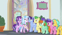 Size: 1280x720 | Tagged: safe, screencap, berry blend, berry bliss, citrine spark, fire quacker, huckleberry, november rain, peppermint goldylinks, silverstream, starlight glimmer, earth pony, hippogriff, pegasus, pony, unicorn, g4, student counsel, female, friendship student, male, mare, notepad, quill, stallion