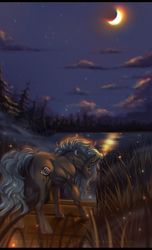 Size: 1280x2112 | Tagged: safe, artist:scribblewoof, oc, firefly (insect), insect, pony, chromatic aberration, forest, lake, moon, night, pier