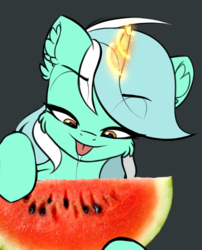 Size: 753x934 | Tagged: safe, artist:airfly-pony, edit, lyra heartstrings, pony, unicorn, g4, female, food, glowing horn, herbivore, horn, solo, watermelon