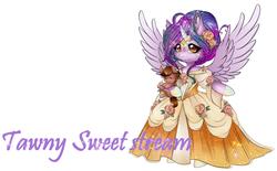 Size: 2916x1812 | Tagged: safe, artist:tawnysweet, oc, oc only, oc:dazzling talents, alicorn, pony, semi-anthro, alicorn oc, arm hooves, clothes, dress, ethereal mane, female, flower, flower in hair, holding a pony, livestream, mare, simple background, spread wings, starry mane, white background, wings