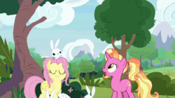 Size: 1280x720 | Tagged: safe, screencap, discord, fluttershy, luster dawn, twilight sparkle, alicorn, draconequus, pegasus, pony, rabbit, unicorn, g4, the last problem, animal, animated, crown, cute, dimension travel, discute, ethereal mane, female, gif, jewelry, male, mare, older, older fluttershy, older twilight, older twilight sparkle (alicorn), portal, princess twilight 2.0, regalia, shyabetes, smiling, tree, twilight sparkle (alicorn), when he smiles, wholesome