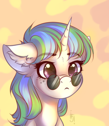 Size: 861x994 | Tagged: safe, artist:falafeljake, oc, oc only, pony, unicorn, abstract background, bust, ear fluff, eyebrows, eyebrows visible through hair, female, freckles, frown, glasses, horn, mare, solo, sunglasses, ych result