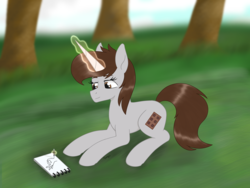 Size: 2608x1961 | Tagged: safe, artist:dyonys, oc, oc only, oc:dorm pony, pony, unicorn, commission, drawing, female, hand, magic, mare, pen, prone, sketch book, smiling, solo, tree