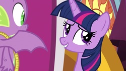 Size: 1920x1080 | Tagged: safe, screencap, spike, twilight sparkle, alicorn, dragon, pony, g4, the ending of the end, measuring tape, twilight sparkle (alicorn), winged spike, wings