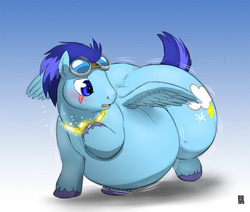 Size: 500x423 | Tagged: safe, artist:gillpanda, edit, oc, oc only, oc:arctic blast, pegasus, pony, belly, belly expansion, bhm, butt expansion, expansion, fat, goggles, growth, inflation, jewelry, male, necklace, not soarin, stallion, weight gain