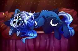 Size: 5939x3921 | Tagged: safe, artist:fluffideer, princess luna, pony, g4, :p, absurd resolution, bad anatomy, bed, cute, digital, female, lunabetes, one eye closed, solo, tongue out
