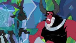 Size: 1366x768 | Tagged: safe, screencap, lord tirek, queen chrysalis, g4, the ending of the end, angry, annoyed, flying, taunting, tongue out, upset