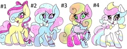 Size: 2004x774 | Tagged: safe, artist:imaranx, oc, oc only, earth pony, pegasus, pony, unicorn, adoptable, clothes, cute, pastel colors, ribbon, soft color