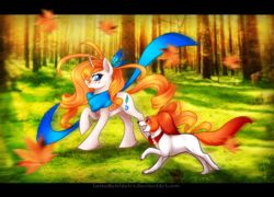 Size: 2992x2160 | Tagged: safe, artist:lessanamidairo, oc, oc only, dog, pony, unicorn, clothes, female, forest, freckles, high res, leaves, mare, outdoors, scarf, unshorn fetlocks