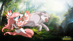 Size: 3000x1700 | Tagged: safe, artist:lessanamidairo, oc, oc only, pegasus, pony, wolf, archery, arrow, bow (weapon), bow and arrow, forest, warcraft, weapon