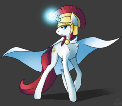 Size: 932x813 | Tagged: safe, artist:pon-ee, oc, oc only, oc:britannia, pony, unicorn, cape, chest fluff, clothes, female, glowing horn, gray background, helmet, horn, magic, magic aura, mare, simple background, solo