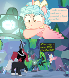 Size: 1368x1536 | Tagged: safe, edit, edited screencap, screencap, cozy glow, lord tirek, queen chrysalis, alicorn, centaur, changeling, changeling queen, pony, g4, the ending of the end, alicornified, bow, bracer, cloven hooves, comic, cozycorn, dialogue, faic, female, filly, flying, glowing, grabbing, grogar's bell, hair bow, male, nose piercing, nose ring, piercing, pointing, pure concentrated unfiltered evil of the utmost potency, pure unfiltered evil, race swap, screencap comic, septum piercing, speech bubble, trio
