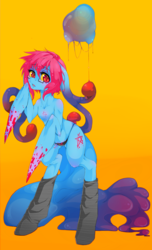 Size: 1692x2790 | Tagged: safe, artist:cindacry, oc, oc only, oc:cteno, goo, goo pony, original species, bipedal, clothes, female, glasses, gradient background, looking at you, orange background, panties, simple background, socks, solo, underwear