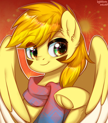Size: 1933x2210 | Tagged: safe, artist:wkirin, oc, oc only, oc:hotaru, pegasus, pony, robot, robot pony, clothes, frog (hoof), hooves, looking at you, scarf, smiling, solo, underhoof, wings