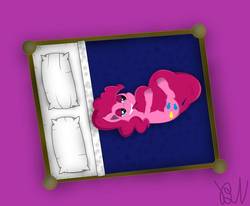 Size: 986x811 | Tagged: safe, artist:bakanato, pinkie pie, earth pony, pony, g4, bed, biting, female, lying on bed, mare, pillow, solo, tail bite