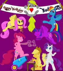 Size: 843x948 | Tagged: safe, artist:bakanato, applejack, derpy hooves, fluttershy, pinkie pie, rainbow dash, rarity, twilight sparkle, alicorn, earth pony, pegasus, pony, unicorn, g4, female, mane six, mare, party cannon, twilight sparkle (alicorn)