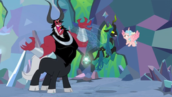 Size: 1364x768 | Tagged: safe, screencap, cozy glow, lord tirek, queen chrysalis, alicorn, centaur, changeling, changeling queen, pony, g4, the ending of the end, alicornified, angry, argument, bell, bow, bracer, cloven hooves, cozycorn, faic, female, filly, flying, frustrated, grogar's bell, hair bow, male, nose piercing, nose ring, piercing, race swap, rage, septum piercing, trio, upset