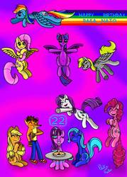 Size: 756x1057 | Tagged: safe, artist:bakanato, applejack, derpy hooves, fluttershy, pinkie pie, rainbow dash, rarity, starlight glimmer, trixie, twilight sparkle, alicorn, earth pony, pegasus, pony, unicorn, g4, crash bandicoot, crash bandicoot (series), food, mane six, pie, sitting, twilight sparkle (alicorn)