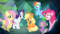 Size: 1366x768 | Tagged: safe, screencap, applejack, fluttershy, pinkie pie, rainbow dash, rarity, spike, dragon, g4, the ending of the end, mucus, pondering, thinking, trapped, winged spike, wings, worried