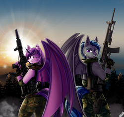 Size: 1754x1646 | Tagged: safe, artist:lifejoyart, oc, oc only, oc:battica, oc:eerie eclipse, alicorn, bat pony, bat pony alicorn, anthro, anthro oc, bat pony oc, belt, camouflage, clothes, commission, duo, ear fluff, eotech, female, freckles, galil, gloves, gun, handgun, holster, looking at you, m4, male, mountain, one eye closed, pants, pistol, sky, smiling, soldier, sun, suppressor, tree, underwear, uniform, weapon, wink, ych result