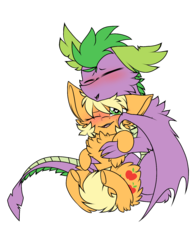 Size: 1100x1400 | Tagged: safe, artist:pegacousinceles, applejack, spike, dragon, g4, blushing, cheek fluff, chest fluff, cuddling, cute, eyes closed, female, fluffy, fluffy dragon, heart eyes, hug, leg fluff, male, older, older spike, open mouth, ship:applespike, shipping, simple background, straight, transparent background, wingding eyes, winged spike, wings