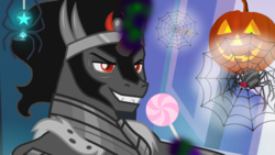 Size: 1920x1080 | Tagged: safe, artist:andoanimalia, artist:derpyworks, edit, edited screencap, screencap, king sombra, spider, g4, the beginning of the end, candy, food, lollipop, spider web