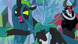 Size: 1366x768 | Tagged: safe, screencap, lord tirek, queen chrysalis, g4, the ending of the end, angry, bracer, flying, nose piercing, nose ring, piercing, pointing, septum piercing, threatening, ultimate chrysalis, yelling