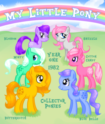 Size: 2980x3507 | Tagged: safe, artist:redshoebox, blossom, blue belle, butterscotch (g1), cotton candy (g1), minty (g1), snuzzle, g1, g4, g1 to g4, generation leap, high res, poster