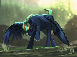 Size: 1280x964 | Tagged: safe, artist:kitmurade, oc, oc only, oc:hellfire, pegasus, pony, alone, alternate hairstyle, blue fur, colt, fanfic art, foal, forest, future, grass, male, red eyes, science fiction, solo, swamp, visor, water, wet, wings
