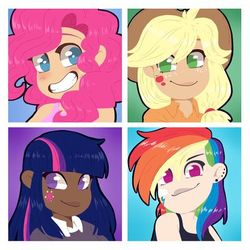 Size: 400x400 | Tagged: safe, artist:bloodyarchimedes, applejack, pinkie pie, rainbow dash, twilight sparkle, human, g4, alternate hairstyle, alternative cutie mark placement, applejack's hat, blushing, clothes, commission, cowboy hat, cute, dark skin, ear piercing, earring, facial cutie mark, female, freckles, hat, humanized, jewelry, piercing, shirt, simple background, smiling, tank top, white background