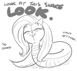 Size: 407x378 | Tagged: safe, artist:shoutingisfun, fluttershy, original species, snake, snake pony, c:, cute, eyes closed, female, fluttersnake, happy, mare, shyabetes, simple background, sketch, smiling, snek, solo, species swap, text, white background