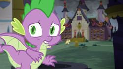 Size: 1366x768 | Tagged: safe, screencap, spike, dragon, pony, unicorn, g4, the ending of the end, board, building, cloud, cloudy, condemned, dark, galloping, male, princess celestia's school for gifted unicorns, scared, school, solo, winged spike, wings