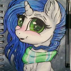 Size: 1732x1732 | Tagged: safe, artist:gleamydreams, oc, oc only, oc:gleamy, pony, unicorn, blue hair, blushing, chest fluff, clothes, ear fluff, female, freckles, green eyes, looking at you, mare, scarf, simple background, smiling, snow, solo, traditional art