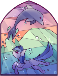 Size: 1769x2295 | Tagged: safe, artist:ak4neh, sea swirl, seafoam, dolphin, pony, unicorn, g4, background pony, commission, female, mare, ocean, stained glass, sunset, swimming, underwater