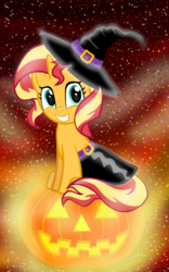 Size: 1000x1600 | Tagged: safe, artist:ace play, edit, sunset shimmer, pony, unicorn, g4, female, halloween, holiday, pumpkin, solo