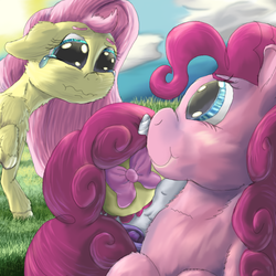 Size: 1580x1580 | Tagged: safe, artist:firefanatic, fluttershy, pinkie pie, rarity, earth pony, pegasus, pony, unicorn, g4, adorable distress, alternate design, crying, curly mane, cute, fluffy, impossibly large mane, sad, sleep mask, smiling, snuggling, teary eyes