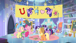 Size: 1366x768 | Tagged: safe, screencap, applejack, fluttershy, pinkie pie, rainbow dash, rarity, spike, twilight sparkle, alicorn, dragon, pony, g4, the ending of the end, banner, book, bookshelf, chalkboard, cheering, confetti, cutie mark, heart, horseshoes, looking up, mane six, notes, pot, roll, rug, scroll, shelf, stars, streamers, twilight sparkle (alicorn), winged spike, wings