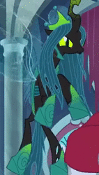 Size: 272x480 | Tagged: safe, edit, edited screencap, screencap, lord tirek, queen chrysalis, centaur, changeling, changeling queen, g4, the ending of the end, animated, annoying, buzzing, cropped, female, flying, former queen chrysalis, looking at you, male, reversed, smiling, solo focus, sound, ultimate chrysalis, webm