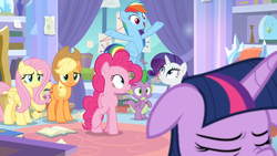Size: 1366x768 | Tagged: safe, screencap, applejack, fluttershy, pinkie pie, rainbow dash, rarity, spike, twilight sparkle, alicorn, dragon, pony, g4, the ending of the end, book, carpet, curtains, flying, mane six, notes, twilight sparkle (alicorn), window, winged spike, wings