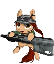 Size: 1500x1789 | Tagged: safe, artist:andromailus, earth pony, pony, clothes, female, gun, looking at you, simple background, solo, sunglasses, text, transparent background, weapon