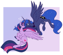 Size: 1358x1177 | Tagged: safe, artist:lulubell, princess luna, twilight sparkle, alicorn, pony, g4, the last problem, belly fluff, chest fluff, closed mouth, colored hooves, concave belly, duo, eye contact, eyeshadow, female, flying, freckles, gradient background, heart, lavender background, lesbian, lidded eyes, looking at each other, makeup, mare, missing accessory, older, older twilight, older twilight sparkle (alicorn), open mouth, peytral, princess twilight 2.0, ship:twiluna, shipping, simple background, smiling, sparkly mane, sparkly tail, spread wings, tail, turned head, twilight sparkle (alicorn), unshorn fetlocks, wings