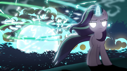 Size: 3849x2160 | Tagged: safe, artist:calveen, starlight glimmer, pony, unicorn, g4, the ending of the end, badass, cool guys don't look at explosions, cool mares don't look at explosions, explosion, female, frown, glowing eyes, high res, leaves, lidded eyes, magic, mare, smoke, solo, starlight glimmer in places she shouldn't be, walking away from explosion, windswept mane