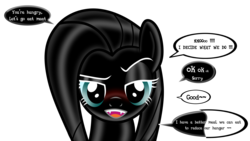 Size: 3840x2160 | Tagged: safe, artist:damlanil, fluttershy, latex pony, pegasus, pony, g4, blue sclera, comic, cute, dialogue, female, happy, high res, hungry, latex, living latex, looking at you, makeup, mare, mind control, shiny, simple background, solo, symbiote, teeth, transformation, transparent background, wings