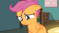 Size: 1920x1080 | Tagged: safe, screencap, scootaloo, pegasus, pony, flight to the finish, g4, season 4, crying, female, filly, frown, sad, scootasad, sitting, solo, wavy mouth