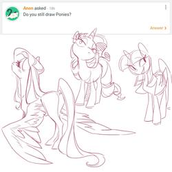 Size: 1200x1200 | Tagged: safe, artist:glacierclear, fluttershy, rarity, twilight sparkle, alicorn, pegasus, pony, unicorn, butt, curiouscat, eyes closed, female, mare, monochrome, plot, simple background, sketch, smiling, spread wings, standing, trio, twilight sparkle (alicorn), white background, wings