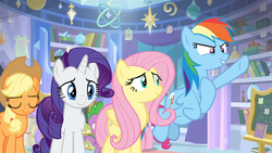 Size: 1366x768 | Tagged: safe, screencap, applejack, fluttershy, pinkie pie, rainbow dash, rarity, spike, g4, the ending of the end, book, bookshelf, chalkboard, notes