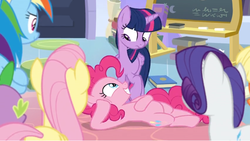 Size: 1364x770 | Tagged: safe, screencap, fluttershy, pinkie pie, rainbow dash, rarity, spike, twilight sparkle, alicorn, pony, g4, the ending of the end, book, chalk, chalkboard, eraser, looking down, lying down, smiling, twilight sparkle (alicorn)