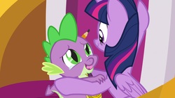 Size: 1920x1080 | Tagged: safe, screencap, spike, twilight sparkle, alicorn, dragon, pony, g4, the ending of the end, crying, hug, twilight sparkle (alicorn), winged spike, wings